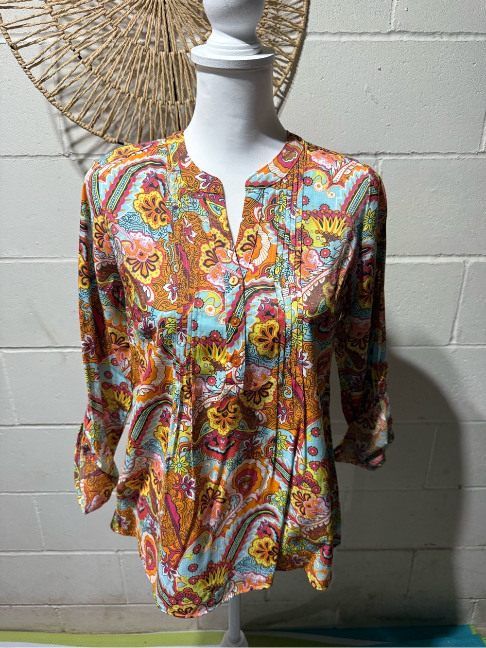 Notations Multicolor Paisley Pintuck Tunic — Orange, Aqua, Pink